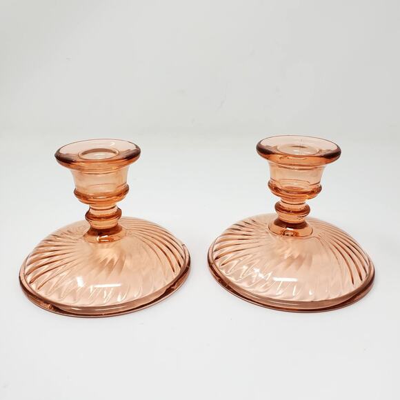 Vtg Pink Heavy Depression Glass Candlestick Holder Swirl Pattern Set of 2 - Picture 1 of 7